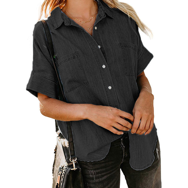 Loose Double Pocket Short Sleeve Casual Denim Shirt Wholesale Womens Tops