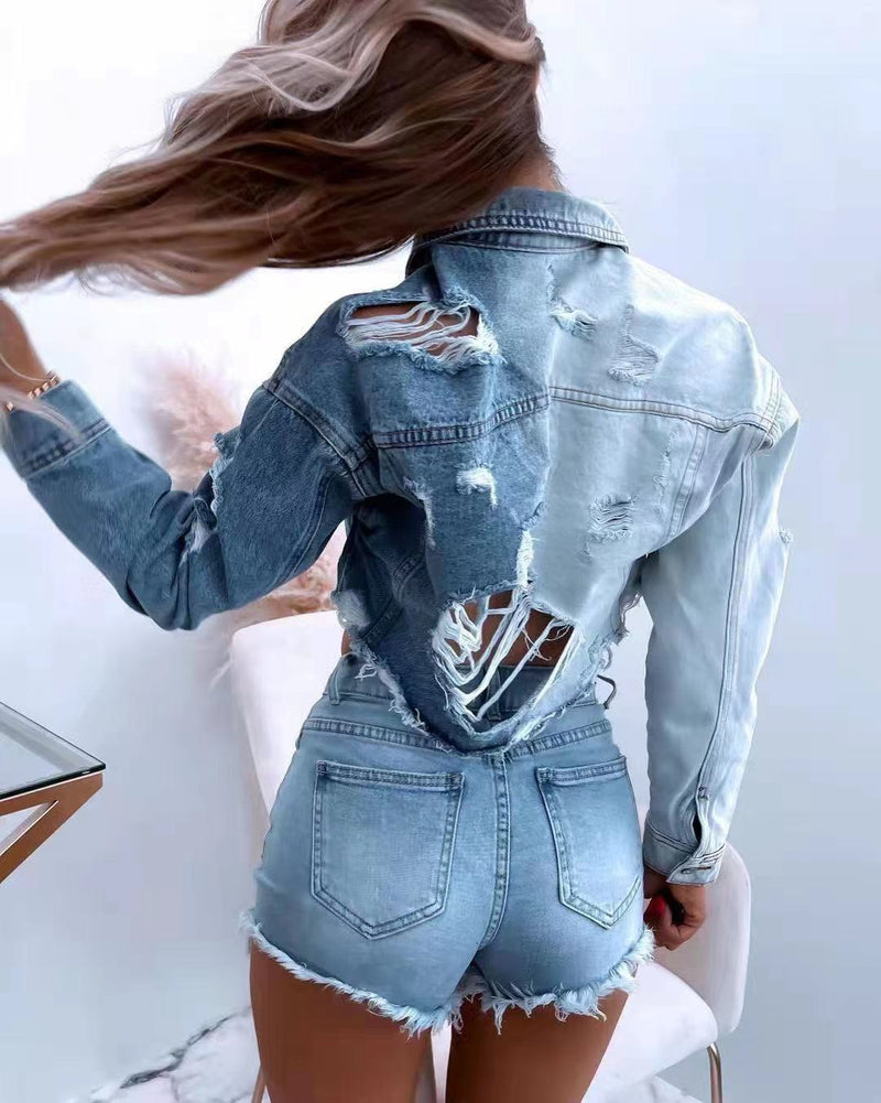 Washed Casual Ripped Short Denim Jackets Wholesale Womens Tops
