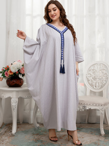 Casual Embroidered Fringe Striped Bat Sleeve Loose Maxi Dress Wholesale Plus Size Clothing