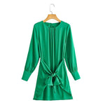 Ruched Knot Neck Solid Color Long Sleeve Fashion A-Line Satin Dress Wholesale Shirt Dresses