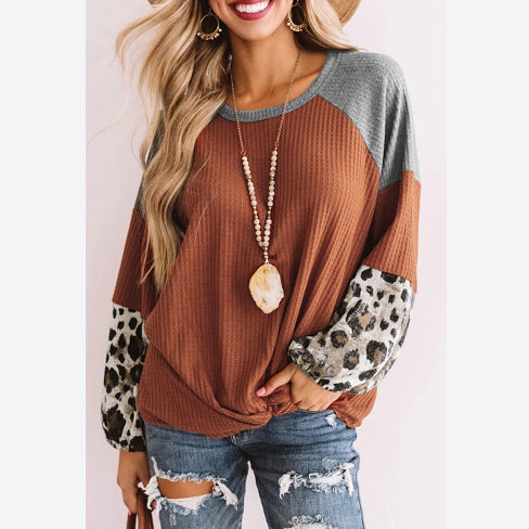 Leopard Print Stitching Fashion Waffle Long Sleeve Pullovers Casual Wholesale Blouse Womens T Shirts