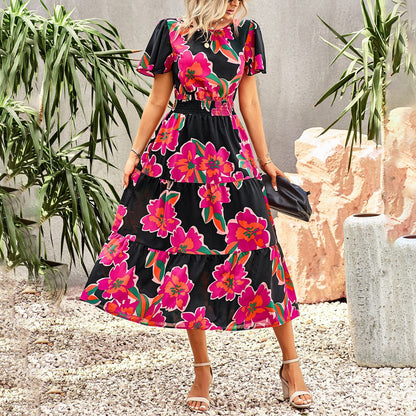 Summer Elegant Waist Short-Sleeved Long Floral Dress Wholesale Dresses