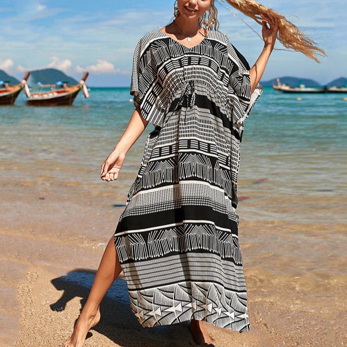 Tie-Up Waist Casual Geometric Print Loose Beach Blouse Resort Beachwear Cover Up Wholesale Maxi Dresses