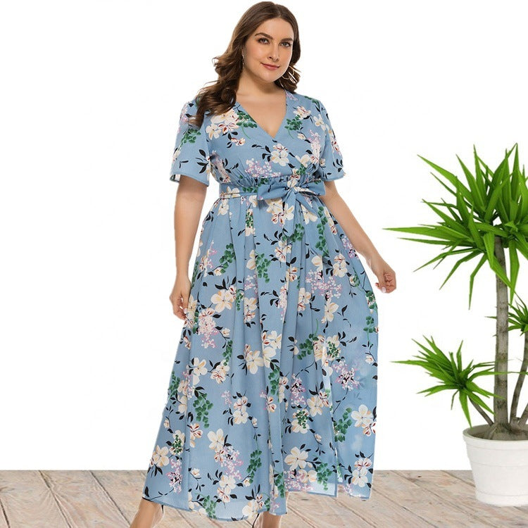 Floral Print V Neck Elegant Curve Dresses Lace Up Short Sleeve Vacation Flowy Dress Wholesale Plus Size Clothing