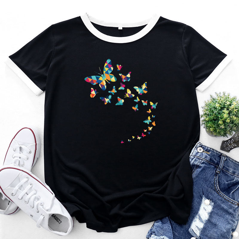 Women Fashion Butterfly Print Short Sleeve Wholesale T-shirts Summer