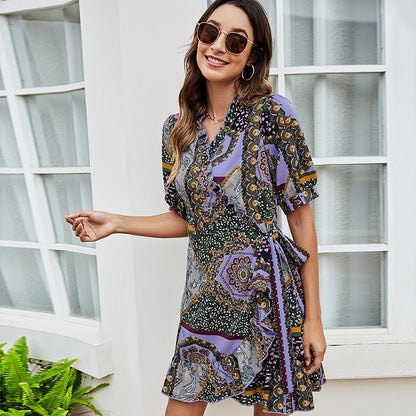 Women Fashion Floral Print Ruffle Hem V Neck Wholesale Wrap Dresses Summer