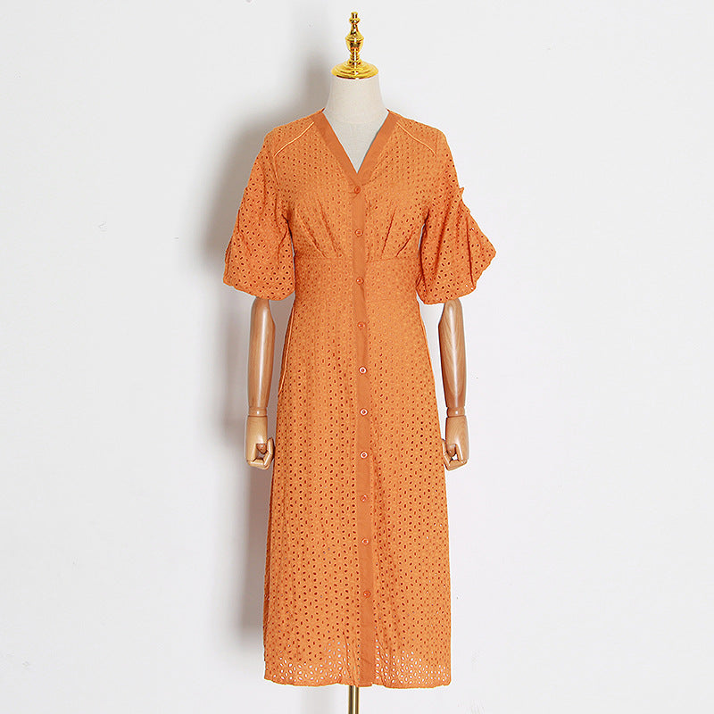 Retro V-Neck Big Puff Sleeves Hollow Embroidery Mid-Length Pleated Dress Elegant Wholesale Shirt Dresses