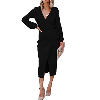 Solid Color V Neck Long Sleeve Tie-Up Slim Wrap Dress Wholesale Dresses