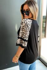 Round Neck Leopard Print Ruffled Mid-Sleeve Loose Womens Tops Casual Wholesale T Shirts