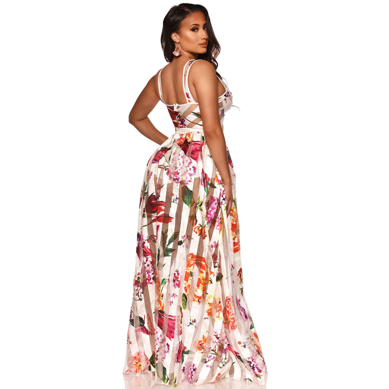Interval See-Through Fashion Floral Print Slip Swing Dress Wholesale Maxi Dresses