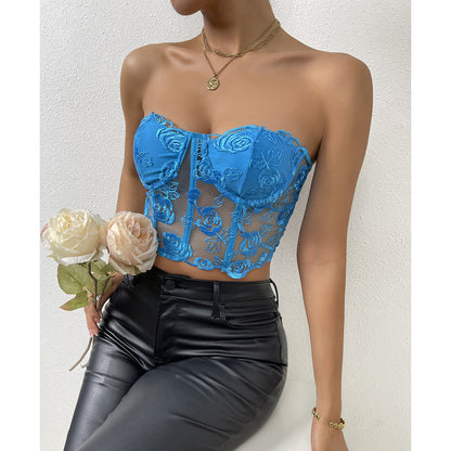 Lace Mesh Rose Strapless Corsets Wholesale Womens Tops