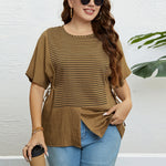 Wholesale Women'S Plus Size Clothing Striped Round Neck Short Sleeve Slit Top