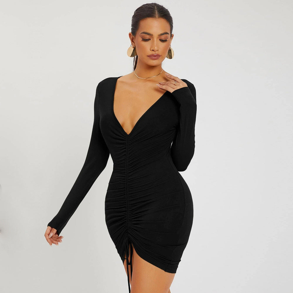 Sexy V-Neck Drawstring Knitted Bodycon Mini Dress Wholesale Dresses