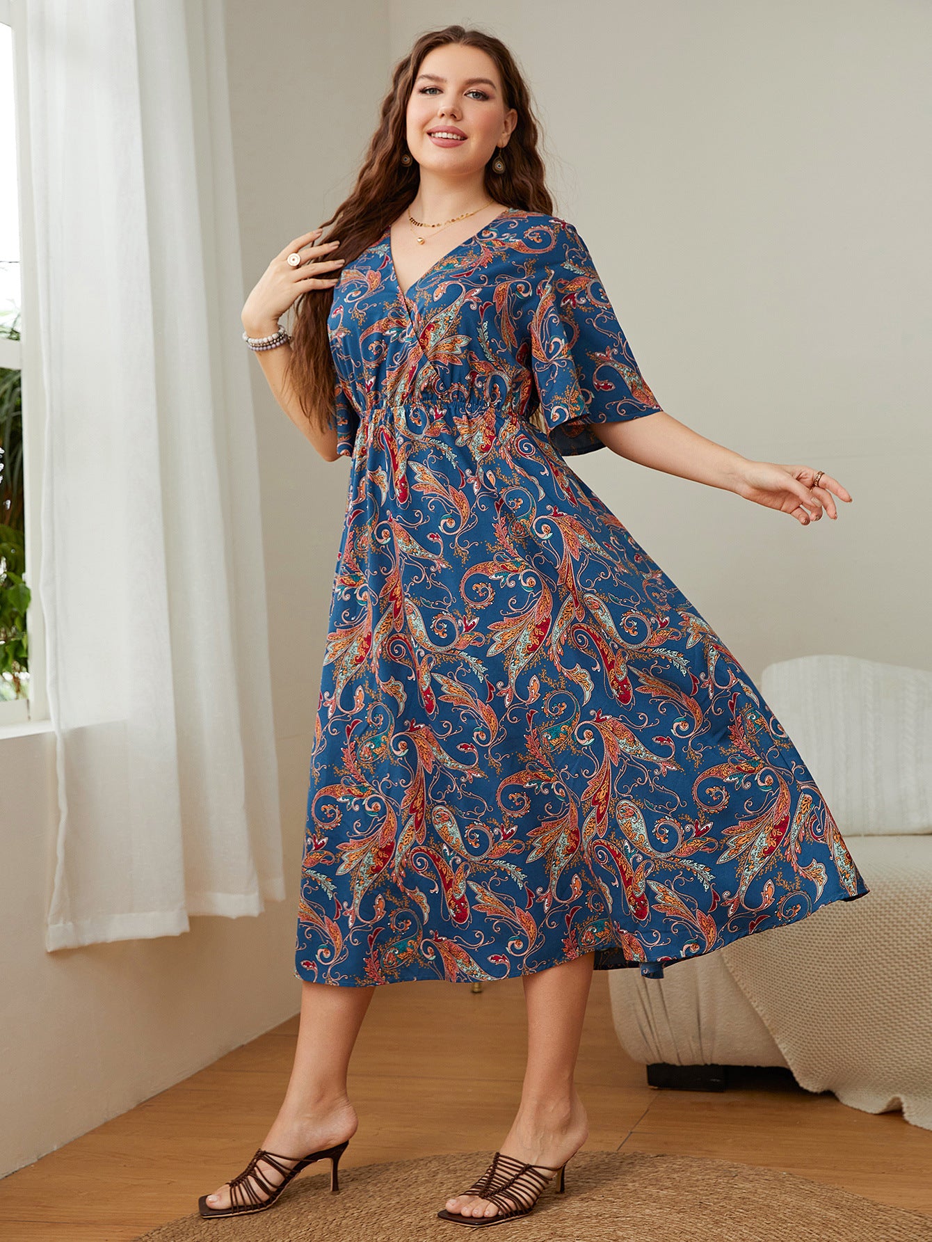 Fashion Chiffon Print V Neck Midi Dress High Waist Loose Short Sleeve Dresses Wholesale Plus Size Clothing