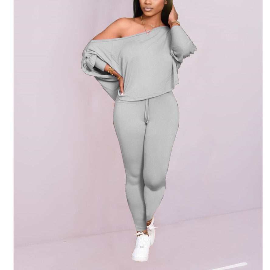 Sports Home Slanted Shoulder Long-Sleeved Leggings Two-Piece Suit Wholesale Women Clothing