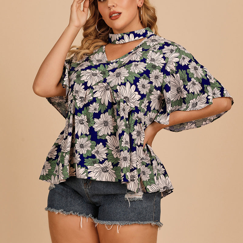 Sexy Halterneck Cutout Floral Shirt Lotus Short Sleeve Wholesale Plus Size Clothing