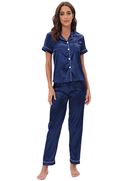 Plain Homewear Short Sleeve Lapel Shirts & Pants Satin Pajamas Womens 2 Piece Set Wholesale Loungewear