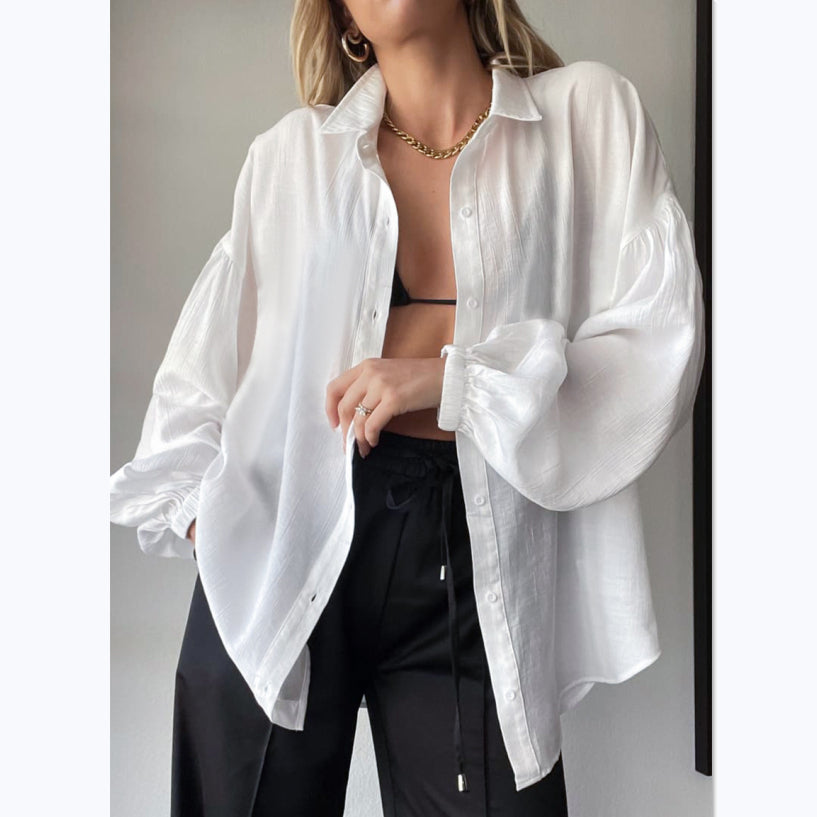 Casual Lantern Sleeve See-Through Lapel Shirt Solid Color Loose Wholesale Womens Long Sleeve T Shirts