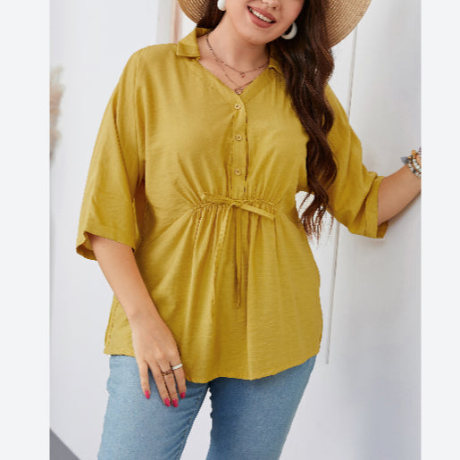 V Neck Lapel Collar Half Sleeve Button Tie Waist Wholesale Plus Size Tops for Summer