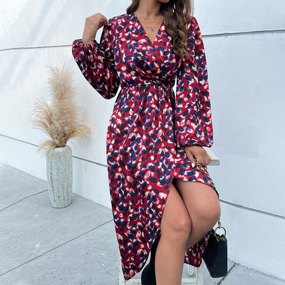 Printed Long Sleeve Fashion V Neck Irregular Hem Midi Dress Wholesale Dresses