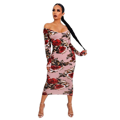 Off Shoulder Floral Print Midi Dress Crew Neck Long Sleeve Sexy Bodycon Wholesale Dresses