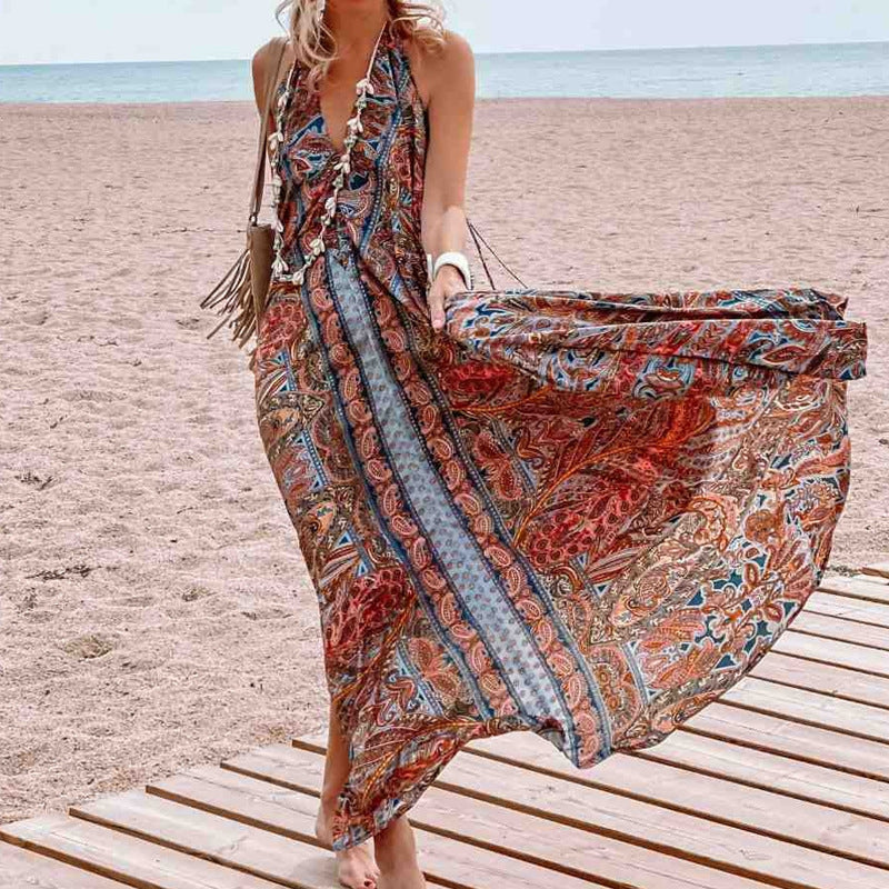 Boho Printed Halterneck V-Neck Bohemian Dress Wholesale Maxi Dresses