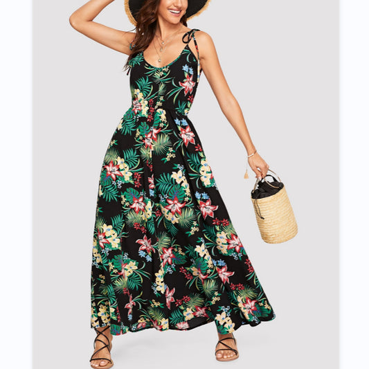 U-Neck Floral Off-The-Shoulder Suspenders With Large Swing Long Dress Wholesale Dresses