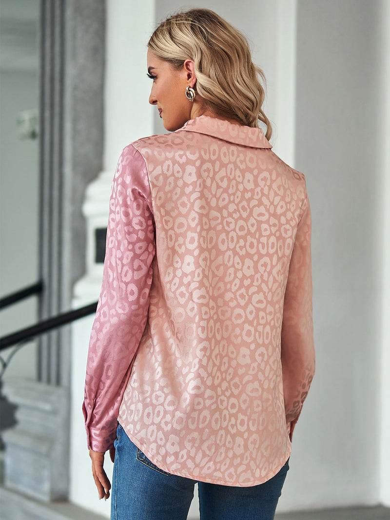 Leopard Colorblock Lapel Satin Shirt Fashion Blouse Wholesale Womens Tops