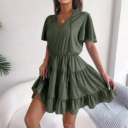 Lotus Leaf Lace-Up Solid Color Smocked Dress Wholesale Dresses