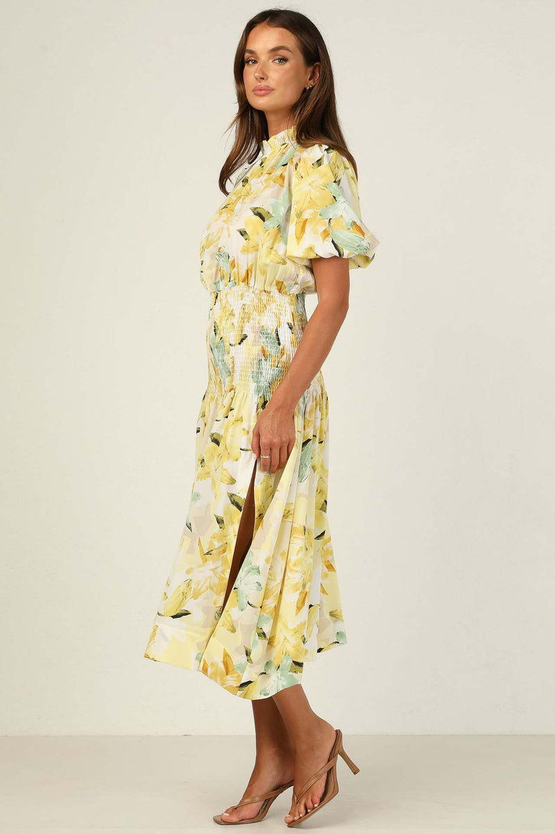 Floral Print Slit Dress Elastic Waist Short Sleeve Midi Wholesale Dresses