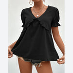 V-Neck Solid Color Short Puff Sleeve Loose Ruffled Womens Tops Casual Wholesale T Shirts