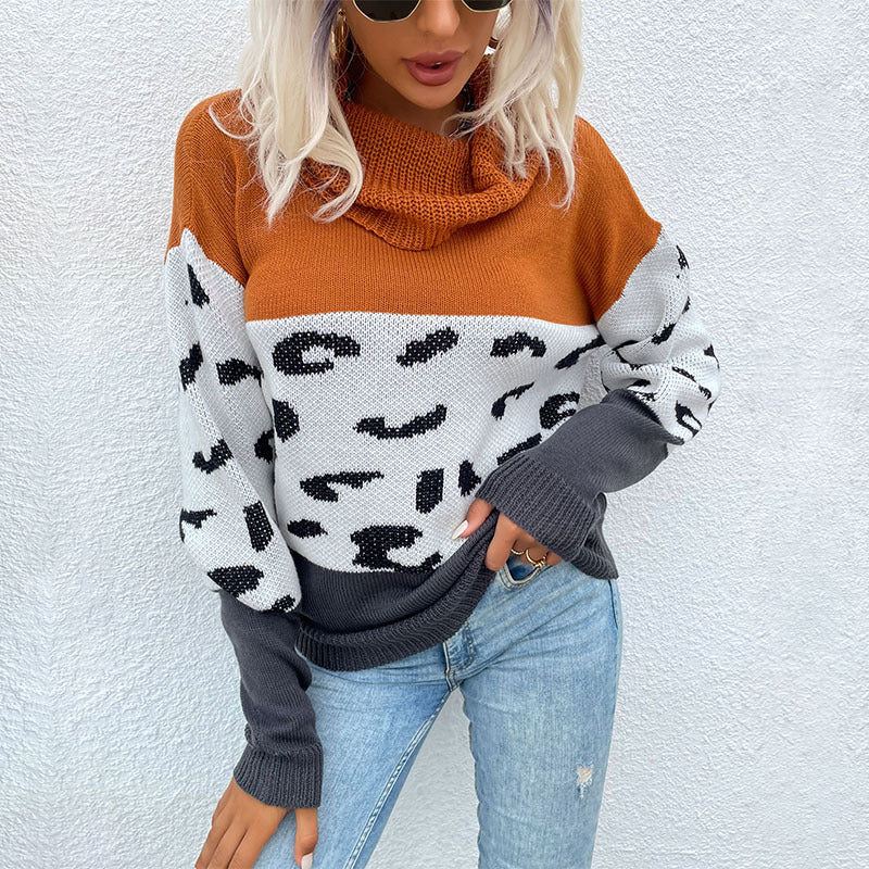 Casual Pile Collar Contrasting Colors Leopard Loose Long Sleeve Wholesale Sweaters