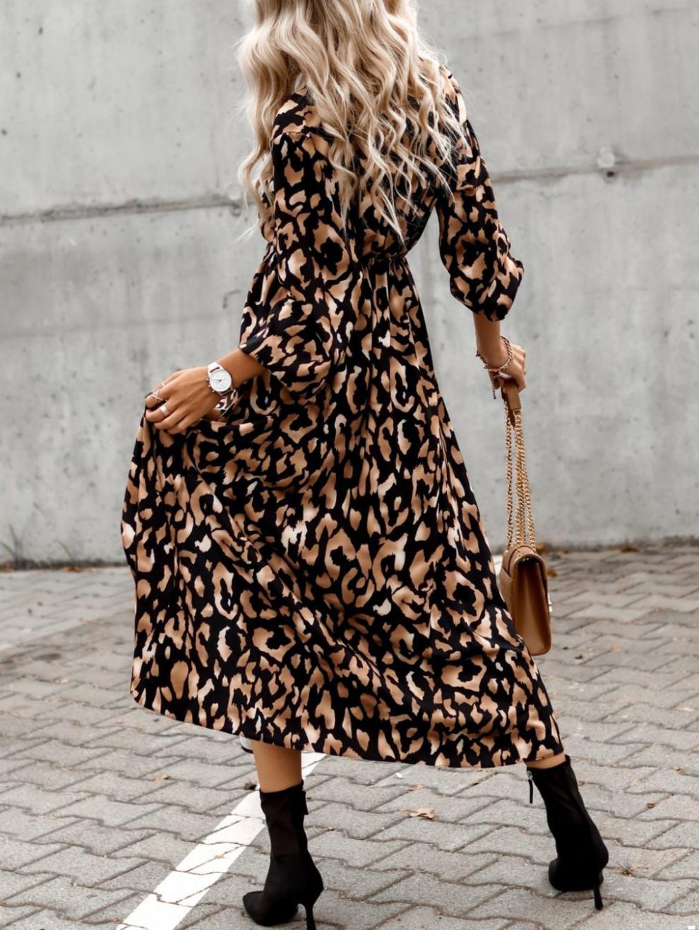 Fashion Printed Long Sleeve Waist Slit A-Line Dress Wholesale Dresses