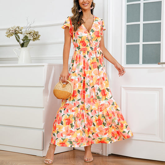 V-Neck Ruffle Short Sleeve Tie-Up Floral Print Smocked Dress Wholesale Maxi Dresses