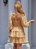 Plain & Print Square Neck Long Lantern Sleeve Chiffon Layered Skirts Design Cake Dress Resort Wholesale Dresses