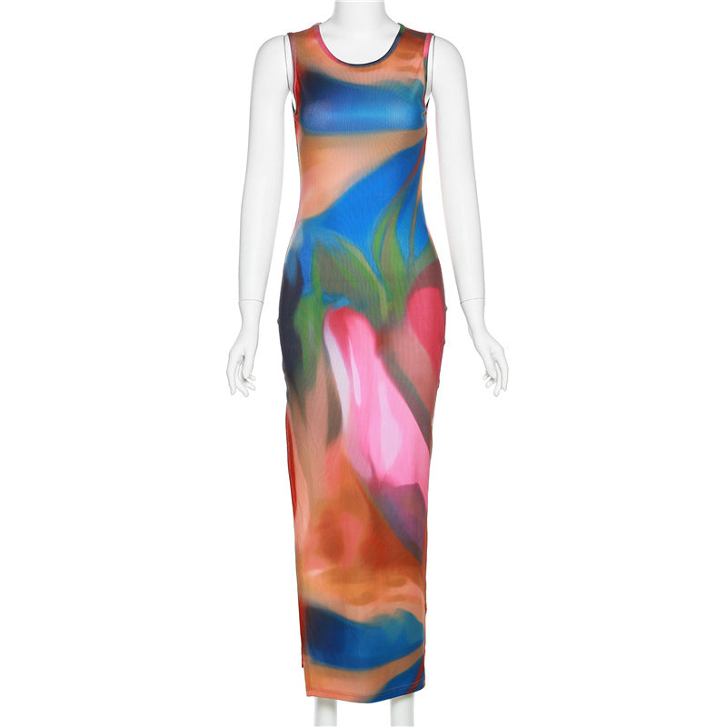 Graffiti Print Fashion Sleeveless Slit Tank Dress Wholesale Maxi Dresses