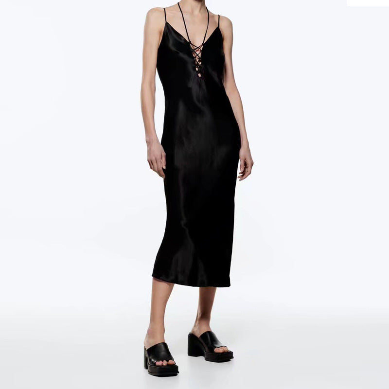 Strappy Sexy Backless Midi Satin Black Dress Wholesale Dresses