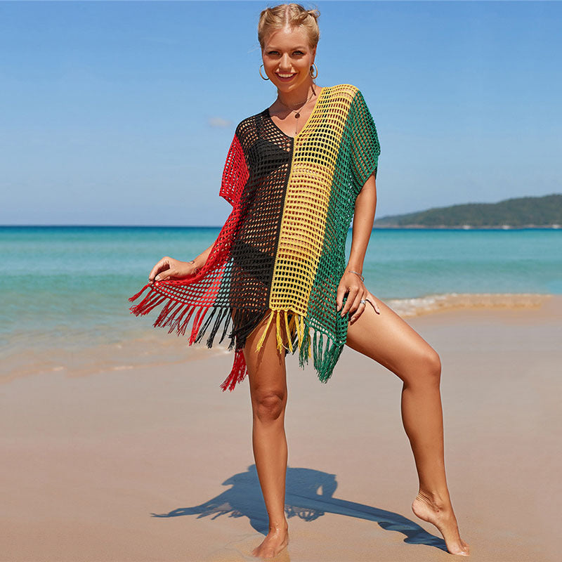 Beach Blouse Colorful Striped Sexy Cutout Deep V Neck Fringe Knitted Bikini Cover Up Wholesale