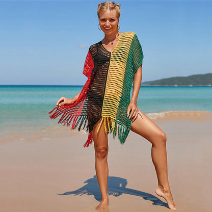 Beach Blouse Colorful Striped Sexy Cutout Deep V Neck Fringe Knitted Bikini Cover Up Wholesale