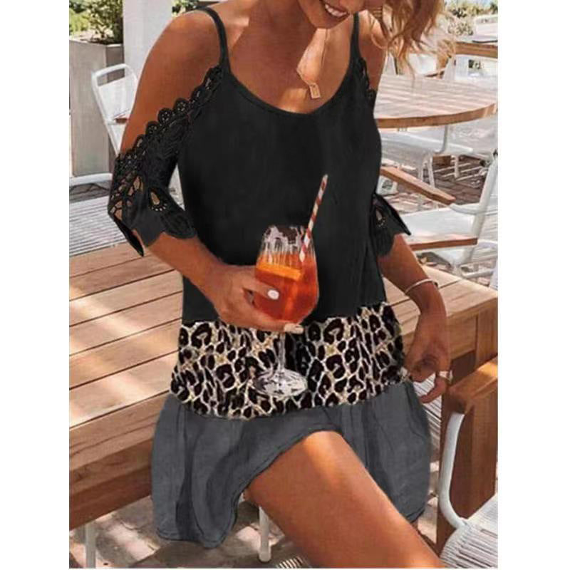 Colorblock Leopard Print Lace Wide Collar Sling Off Shoulder Swing Dress Fashion Wholesale Dresses