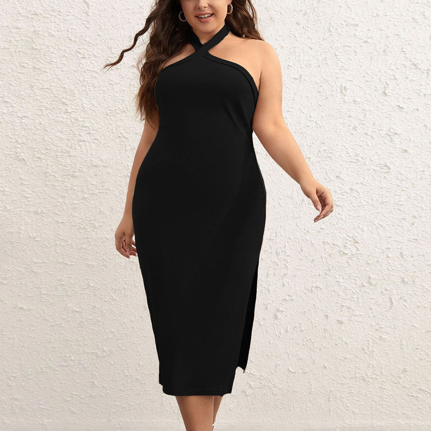 Wholesale Women'S Plus Size Clothing Open Back Slit Halter Neck Temperament Dress