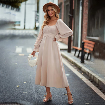 High Waist Square Neck Long Sleeve Casual Swing Dress Wholesale Dresses SDN537988