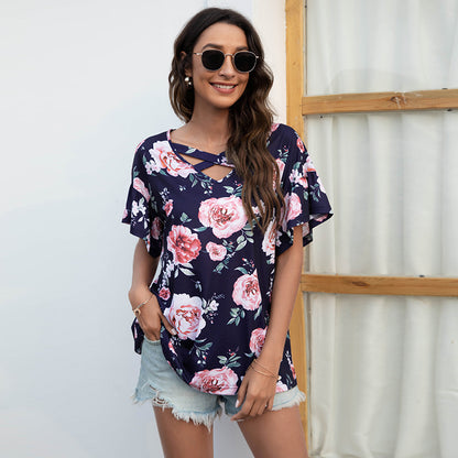 V-Neck Floral Print Crossover Loose Ruffle Sleeve Womens Tops Casual Wholesale T Shirts