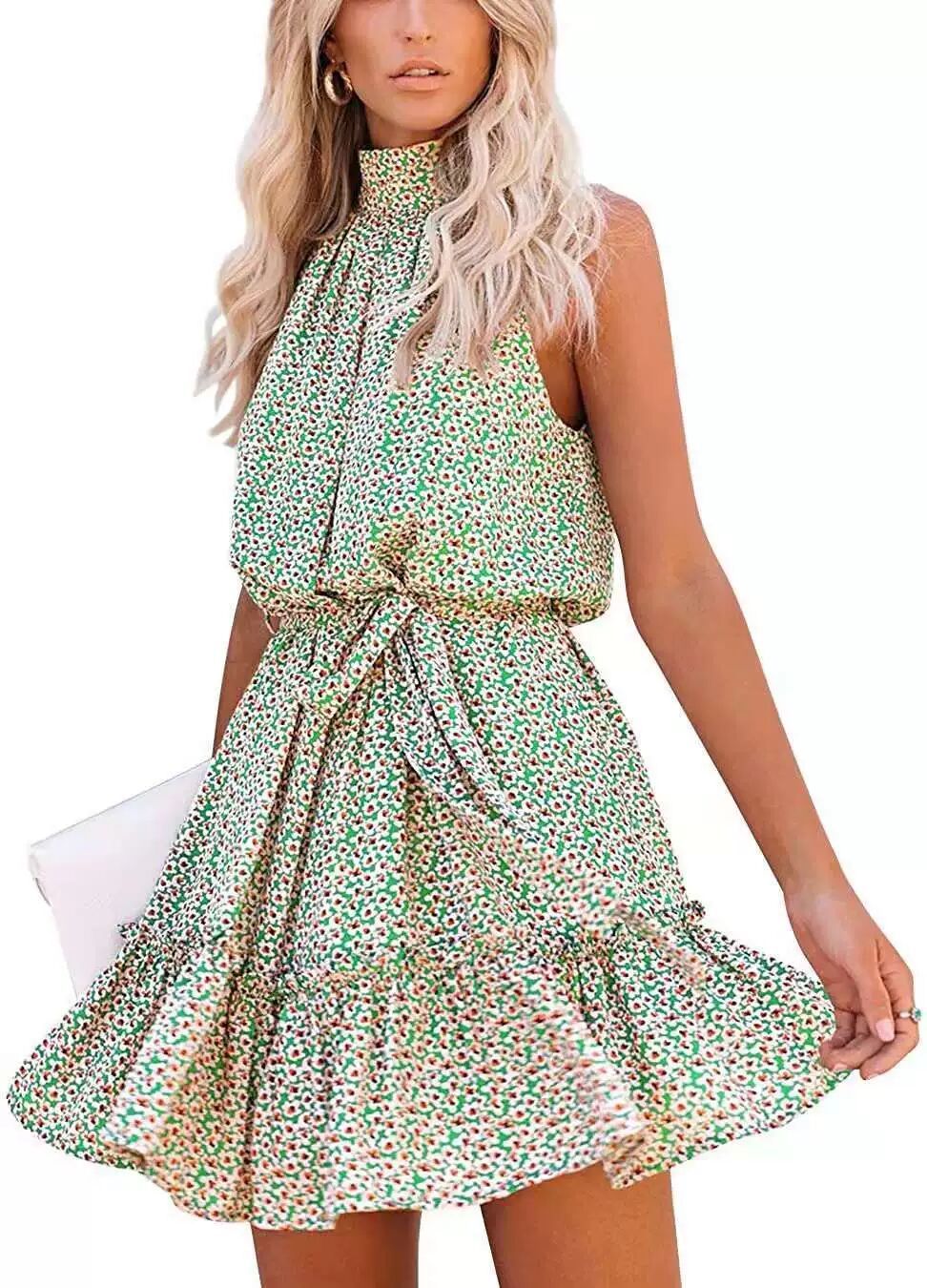 Polka Dot Print Sleeveless Halterneck Tie Waist Wholesale Swing Dresses