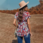 Short Sleeve Floral Print V-Neck Chiffon Womens Shirts Casual Pullover Tops Boho Wholesale Vendors