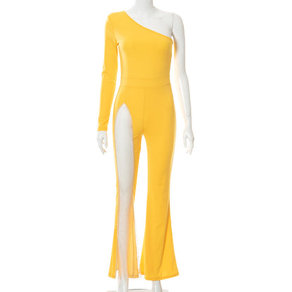 Fashion Solid Color One Shoulder Mesh Stiching Translucent Flares Pant Wholesale Jumpsuits