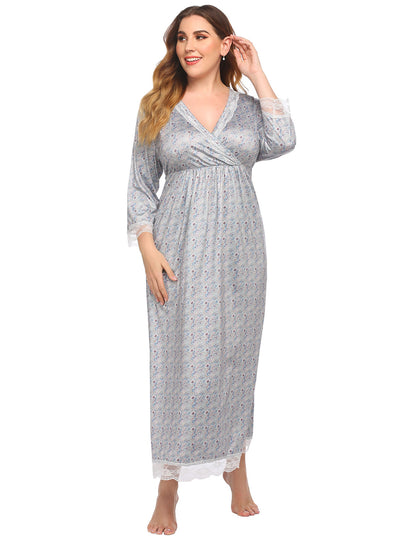 Casual Lace Stitching Printed Curvy Nightgown Wholesale Plus Size Clothing