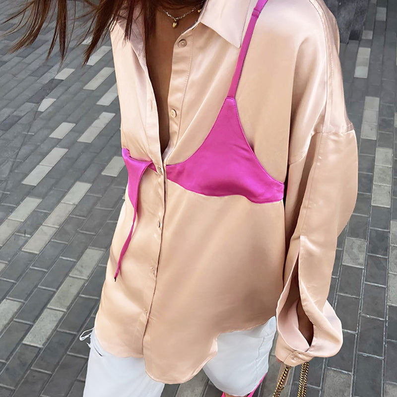 Contrast Panel Fake Two-Piece Satin Long Sleeve Shirts Wholesale Womens Tops