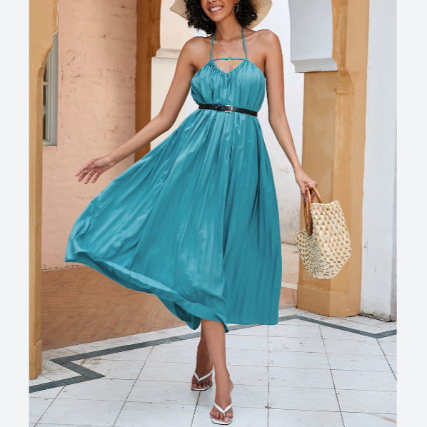 Solid Color Halterneck Cutout Open Back Mid-Length Swing Pleated Dress With Belt Sexy Wholesale Dresses