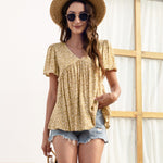 Pleated Floral Print V-Neck Loose Casual Tops Short Sleeve Blouse Wholesale Women'S T Shirts ST55560